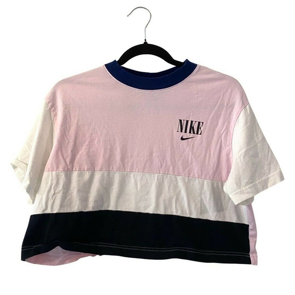 NIKE Colorblock Pullover Crop T-Shirt Short Sleeve Pink/White/Blue Women Size S - Picture 1 of 5